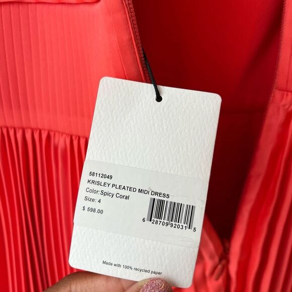 Amur Krisley Spicy Coral Pleated Cocktail Midi Dress Size 4 NWT - Picture 6 of 10